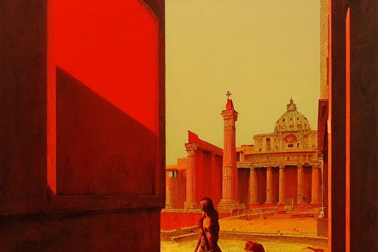 Image similar to only with red, caesar after war, a red tiger, in hoc signo vinces, rome in background, an ancient path, in the style of beksinski, part by hopper, part by rodcenko, part by hofbauer, intricate composition, red by caravaggio, insanely quality, highly detailed, masterpiece, red light, artstation