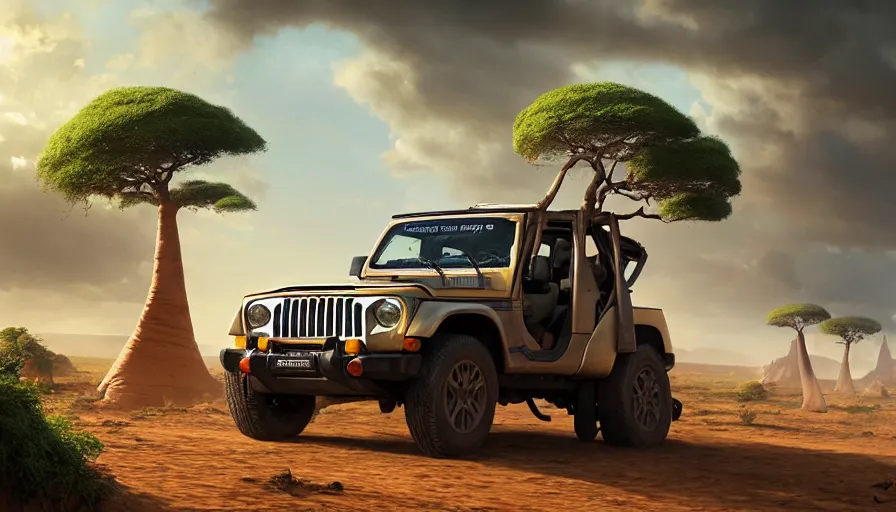 Image similar to mahindra thar driving through madagascar with baobabs trees, tribe members chasing for an attach, action scene, an epic fantasy, artgerm and greg rutkowski and alphonse mucha, an epic fantasy, volumetric light, detailed, establishing shot, an epic fantasy, cinematic, photorealistic, ultrarealistic, trending on art station, octane render, midsommar