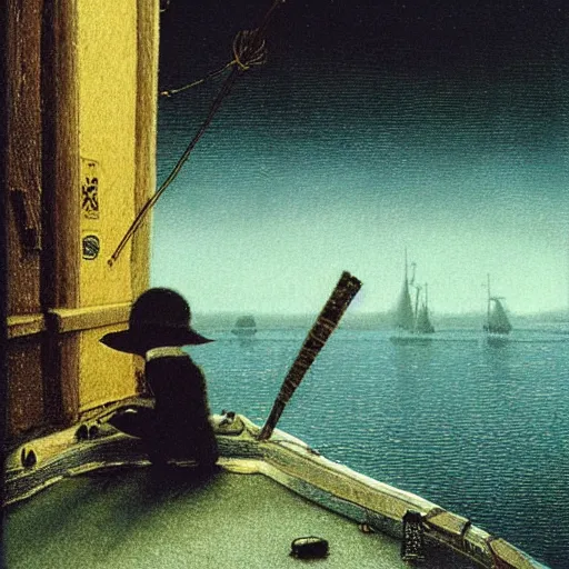 Image similar to night piracy, extremely detailed masterpiece, Roger Deakin’s cinematography, illustration, by Michael Sowa,