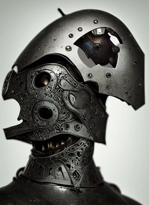 Image similar to portrait of king arthur knight cyborg, on a black background, modern fine art, fractal, intricate, elegant, highly detailed, digital photography, subsurface scattering, in the style of ghost, by jheronimus bosch and yue minjun and greg rutkowski,