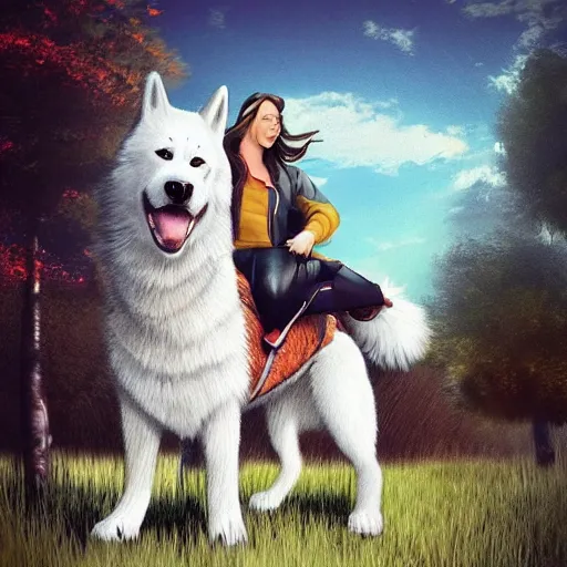 Image similar to girl riding a giant husky in the park, trending on artstation