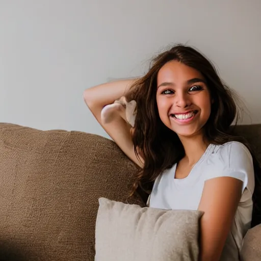 Image similar to a cute young woman smiling, long shiny bronze brown hair, full round face, green eyes, medium skin tone, light cute freckles, smiling softly, wearing casual clothing, relaxing on a modern couch, interior lighting, cozy living room background, medium shot, mid-shot, soft focus