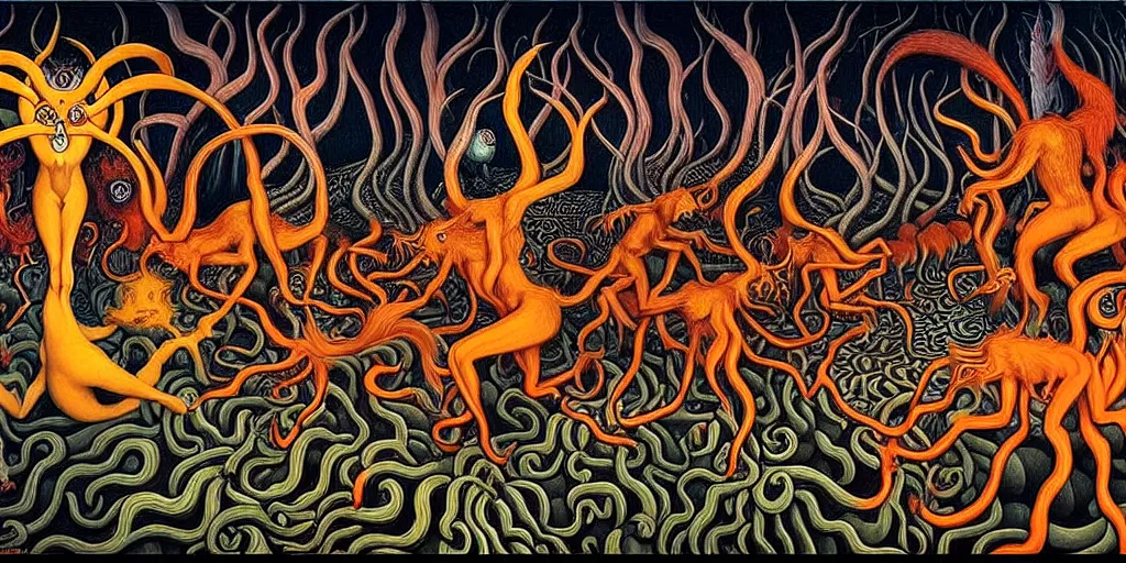 Prompt: fiery wild creatures and monsters in the imaginal realm of the collective unconscious, in a dark surreal painting by johfra, mc escher and ronny khalil