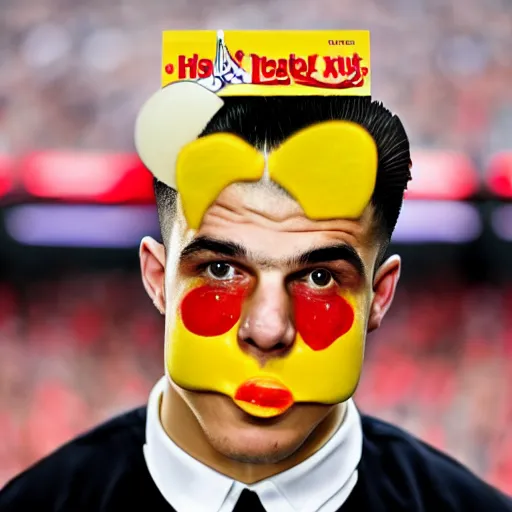 Image similar to a promo portrait of granit xhaka holding a delicious hot dog with mustard and ketchup up to the camera, happy, hyper detailed, fisheye lense, reuters