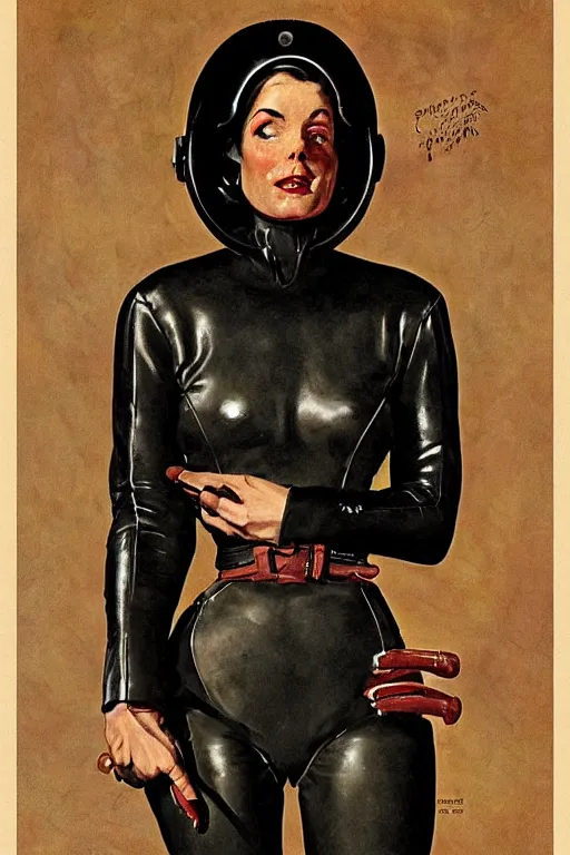 Image similar to 5 0 s pulp scifi fantasy illustration upper body portrait striking elegant mature woman in leather spacesuit by norman rockwell, roberto ferri, daniel gerhartz, edd cartier, jack kirby, howard v brown, ruan jia, tom lovell, frank r paul, jacob collins, dean cornwell, astounding stories, amazing, fantasy, other worlds