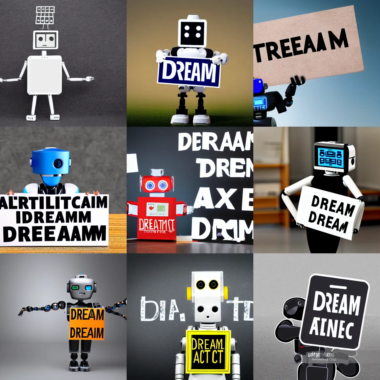 Image similar to artificial intelligence robot holding a sign with text that reads : dream