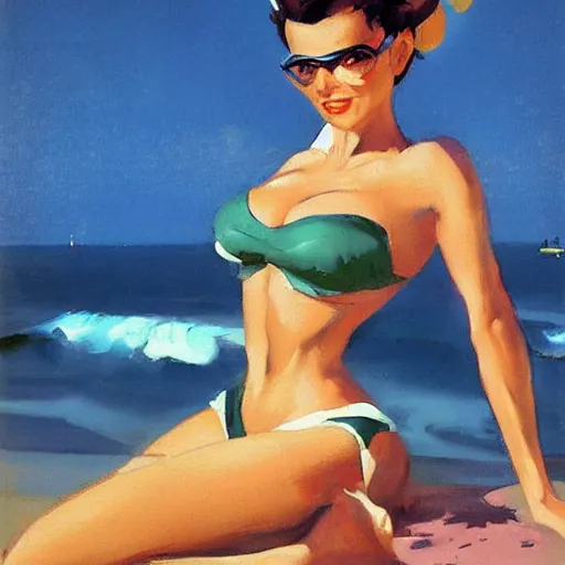 Prompt: greg manchess pinup painting of overwatch's tracer in a bikini, in a futuristic beach, 1 9 5 6