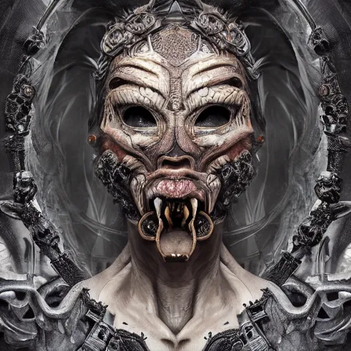 Image similar to Very very very very highly detailed epic photo of demonic face with venetian mask, intricate, dystopian, sci-fi, extremely detailed, digital painting, artstation, concept art, smooth, sharp focus, illustration, intimidating lighting, incredible art by Anton Pieck, Octane render in Maya and Houdini VFX