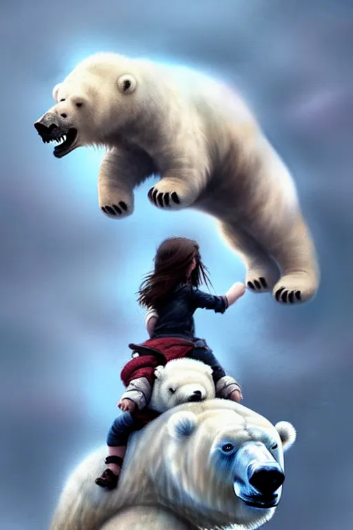 Image similar to tiny girl riding on the back of a giant fluffy polar bear by greg rutkowski