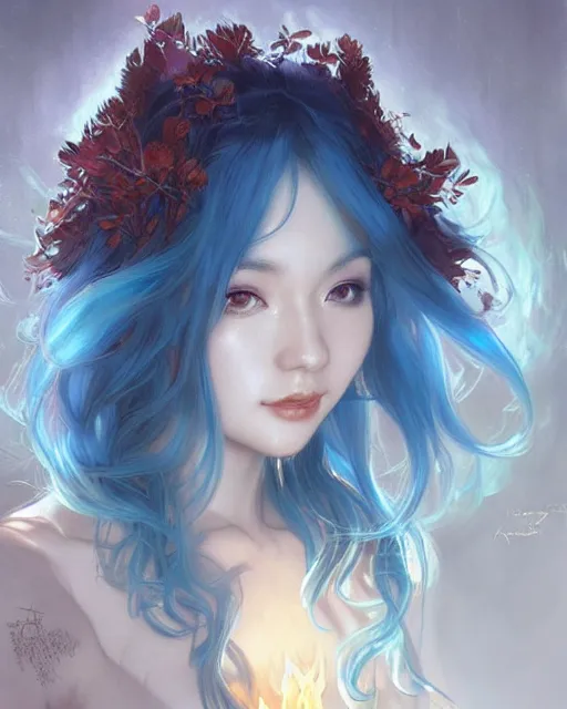 Prompt: stunningly beautiful female blue hair, cute japanese actressr, fantasy art, fae priestess, lush dark forest landscape, fireflys at night, sharp focus, digital painting, 8 k, concept art, art by wlop, artgerm, greg rutkowski and alphonse mucha