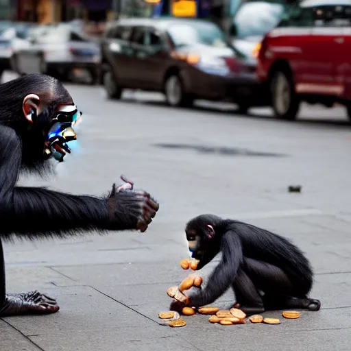 Image similar to a chimpanzee picking up pennies on a street in manhattan, depth of field, breathtaking, detailed and intricate environment, 8 k resolution, hyperrealistic