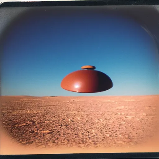 Image similar to a polaroid photograph of a flying saucer in the desert