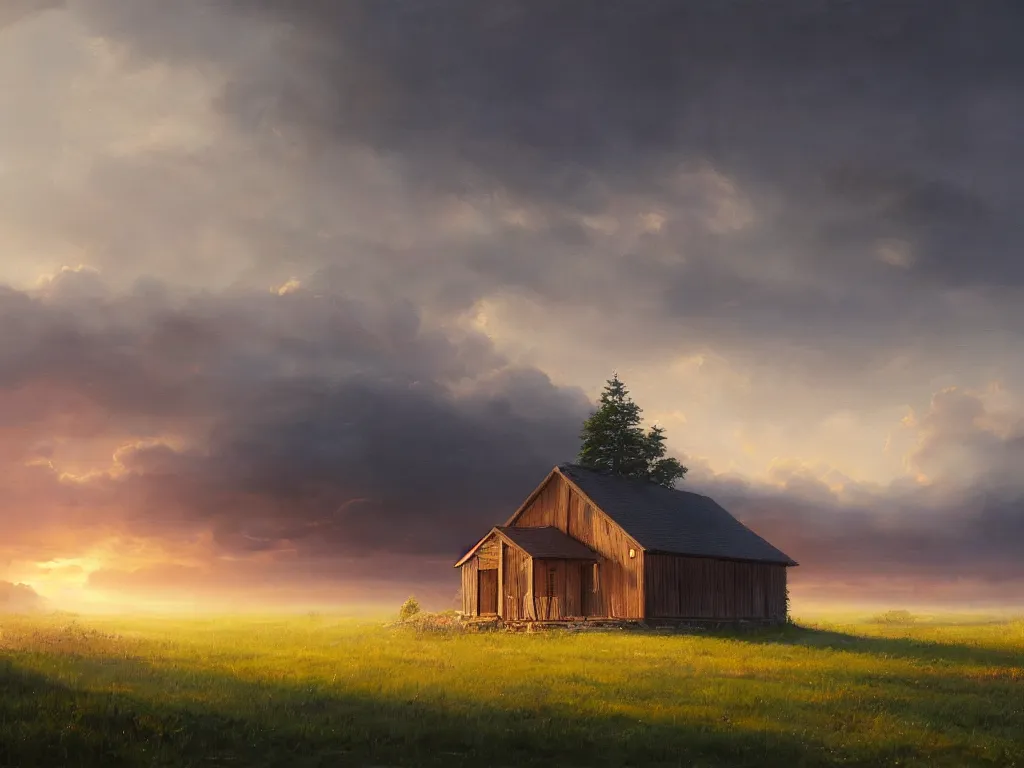 Image similar to a oil painting of a serene landscape with a singular wooden house at sunrise, concept art, octane render, unreal engine 5, trending on deviantart, highly detailed, high quality, oil painting, digital painting, masterpiece, hyperrealistic, breathtaking landscape, soft lighting, godrays, complementary colors, natural lighting