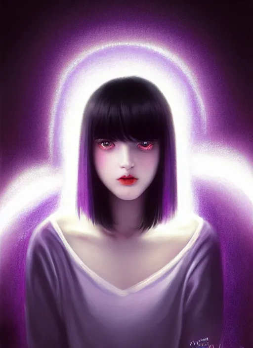 Image similar to portrait of teenage girl with white bangs, red irises, black hair, purple clothes, white bangs, bangs are different color from hair, intricate, front of hair is white rest is black, elegant, glowing lights, highly detailed, digital painting, artstation, concept art, smooth, sharp focus, illustration, art by wlop, mars ravelo and greg rutkowski