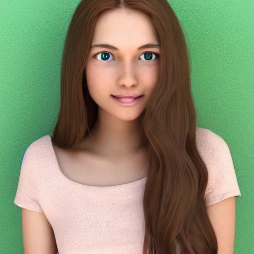 Image similar to Render of April, a cute 3D young woman, long shiny bronze brown hair, full round face, green eyes, medium skin tone, light cute freckles, light blush, smiling softly, wearing casual clothing, interior lighting, cozy living room background, medium shot, mid-shot, hyperdetailed, hyperreal, trending on Artstation, 8k,