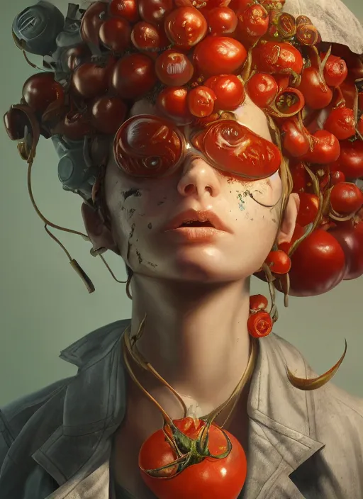 Image similar to biohazard portrait of tomato bioshock, au naturel, hyper detailed, digital art, trending in artstation, cinematic lighting, studio quality, smooth render, unreal engine 5 rendered, octane rendered, art style by klimt and nixeu and ian sprigger and wlop and krenz cushart