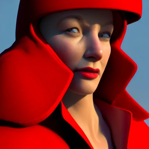 Prompt: a close up of a person wearing a red coat, a character portrait by jerry eisenberg, cgsociety, photorealism, # vfxfriday, physically based rendering, strange