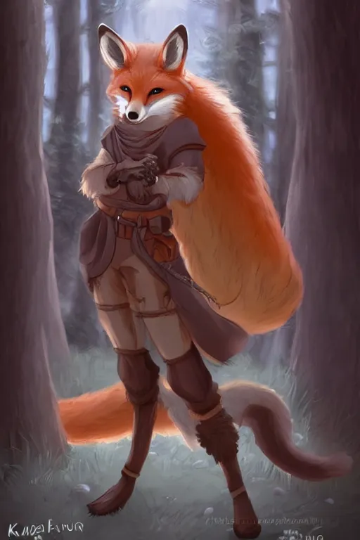Prompt: an anthropomorphic medieval fox with a fluffy tail in a forest, trending on furaffinity, digital art, backlighting, by kawacy, trending on artstation, dnd art