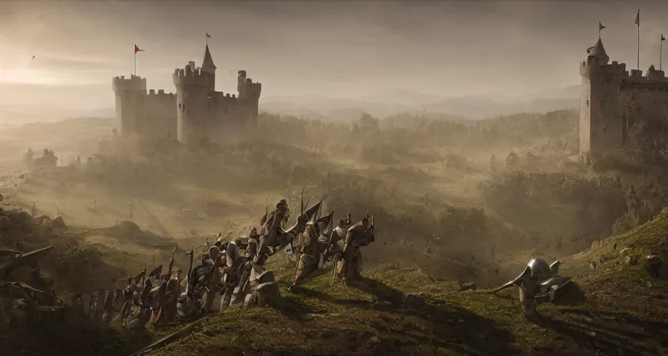 Prompt: ten medieval soldiers atop a castle wall looking over a vast medieval kingdom rule by an evil king. it is a quiet morning. mist, epic, cinematic, volumetric lighting, fantasy style, highly - detailed, unreal 5, realism