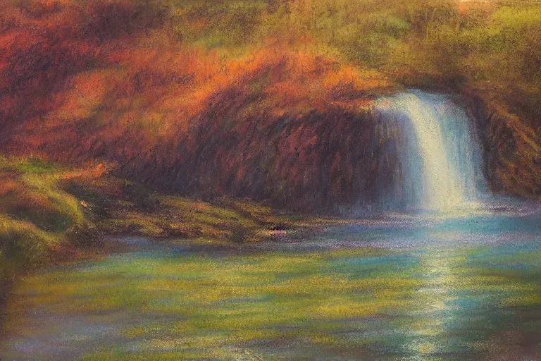 Image similar to beautiful landscape, waterfall, impressionist, masterpiece, pastel, muted