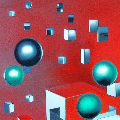 Prompt: chrome spheres on a red cube by chris moore