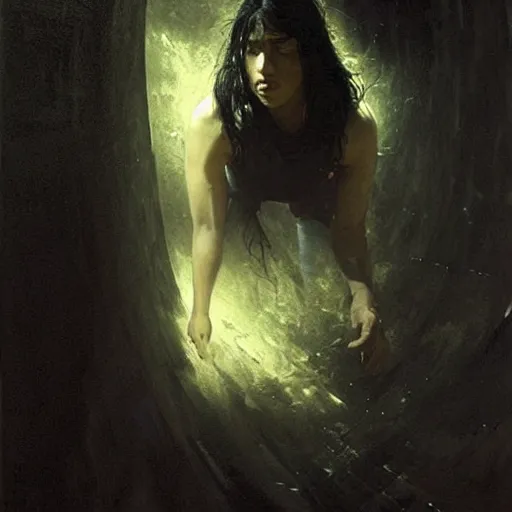 Image similar to a latino 1 5 year old boy with long black hair opens a dark portal to the void. dramatic. cinematic. detailed. sharp. photo realistic. realism. repin. phil hale. ruan jia
