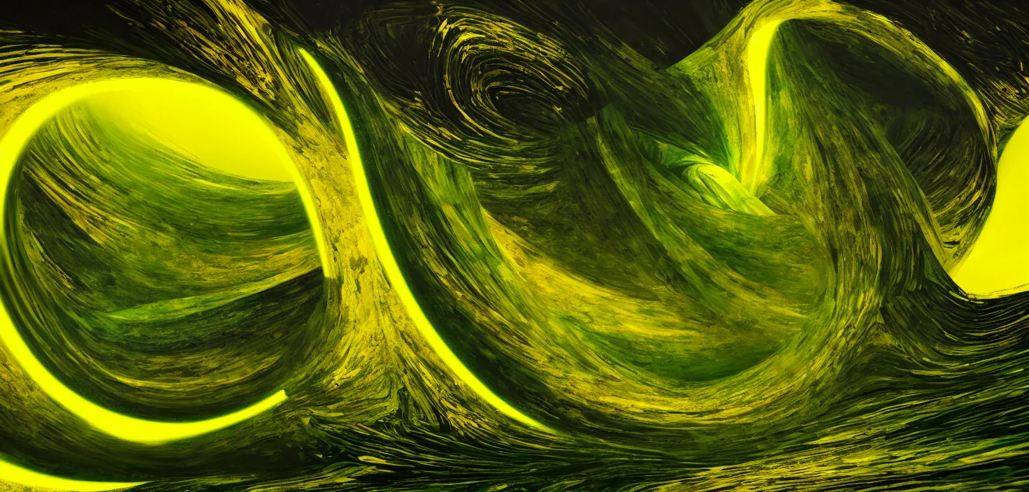 Prompt: a painting of a green and yellow swirl in the middle of a mountain, a computer rendering by mike winkelmann, shutterstock contest winner, nuclear art, tesseract, apocalypse art, concept art