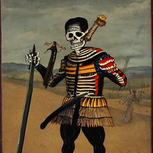 Image similar to skeleton in a colourful landsknechts uniform, wielding a sword, rennaissance painting