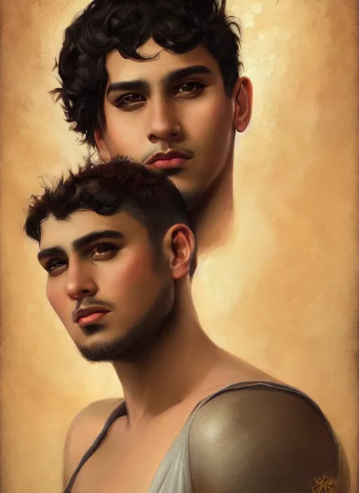 Image similar to a magical portrait of a handsome latino male gang member with dark brown eyes and short blackhair, art by manuel sanjulian and tom bagshaw