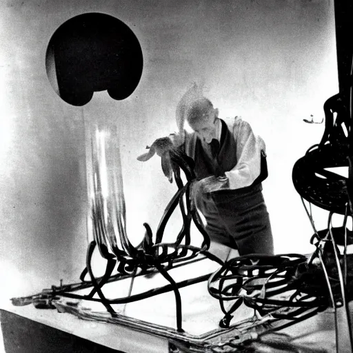 Image similar to photograph of Marcel Duchamp working on a futuristic machine, long exposure, in the style of Hito Steyerl and Andreï Tarkovski