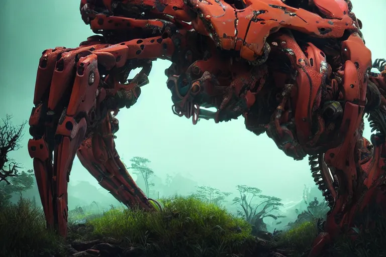 Image similar to portrait of a posed hyper detailed yellow scrounger evangelion realistic mechanical and fleshy organic creature similar look as horizon forbidden west horizon zero dawn bioluminiscence in a dark deep forest at dawn in spring, with reflection and textures, by kilian eng, substance painter reaslitic mech surface metal painted scratches