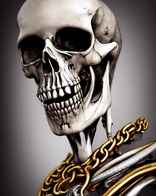 Prompt: realistic portrait of a pirate of bones, dark, gold, silver ornaments, facing camera, photo realistic, detailed, 1 4 5 0, delicate, hyper realism, ultra realistic, 8 k