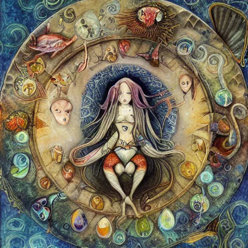 Image similar to detailed and sharp portrait of piscesthe fishes artistic zodiac artwork, mystic style, detailed, 8 k, detailed, symmetrical, by brian froud