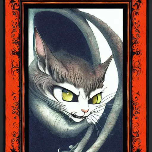 Prompt: vampire cat, inside a frame on a tiled wall, frontal picture, by yoichi hatakenaka, masamune shirow, josan gonzales and dan mumford, ayami kojima, takato yamamoto, karol bak