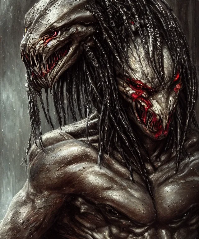 Image similar to a portrait of the predator by chris ayers, oil on canvas, deep depth field, masterpiece, by luis royo, trending on artstation, featured on pixiv, cinematic composition, hyper - detailed, hd, hdr, 4 k, 8 k