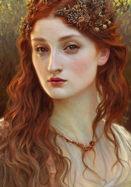 Prompt: sansa ofelia, intricate, elegant, highly detailed, digital painting, artstation, concept art, smooth, sharp focus, illustration, pre - raphaelite style, mucha, monet