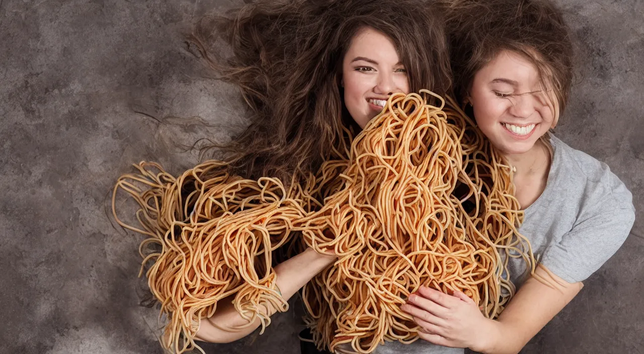 Image similar to a friendly girl who is secretly a pile of spaghetti