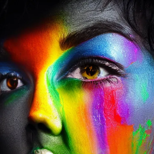 Prompt: woman crying rainbow paint, photography, ultra realistic, highly detailed, 8 k
