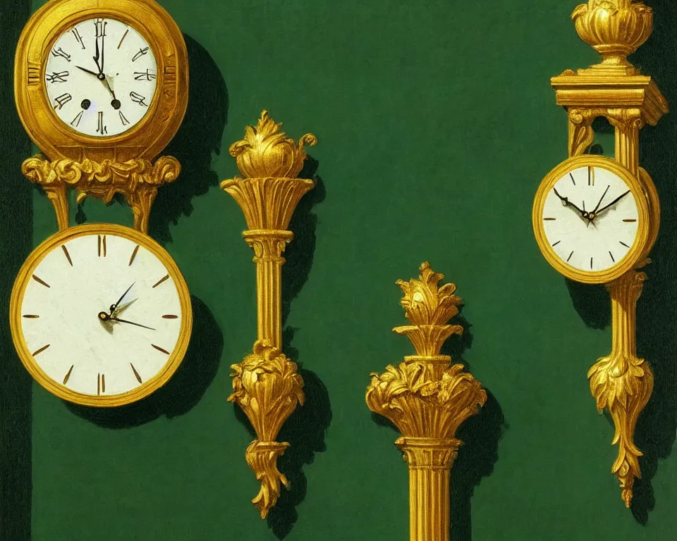 Image similar to an achingly beautiful print of gold clocks and marble corinthian capitals on a forest green wall by Raphael, Hopper, and Rene Magritte. detailed, romantic, enchanting, trending on artstation.