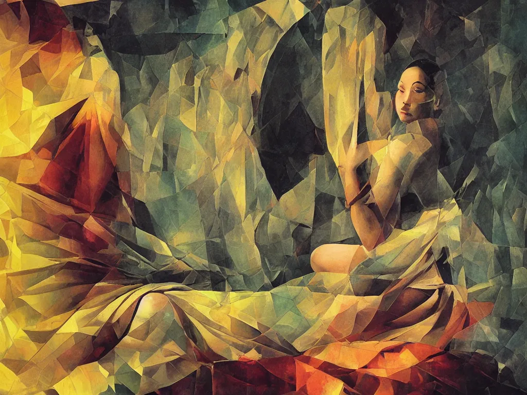 Prompt: hyperrealistic crystalline abstract still life painting of a 3d female monk meditating sitting down wrapped in fabric and gently smiling, surrounded by prisms in a tesseract, by Caravaggio, botanical print, surrealism, vivid colors, serene, golden ratio, minimalism, negative space