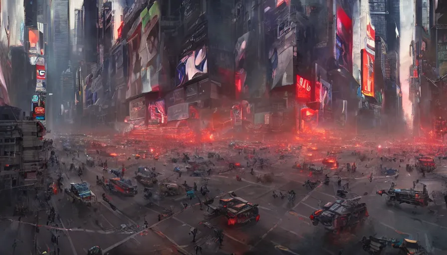 Prompt: Cinematic view of people fleeing the attack of a mecha in damaged Times Square, hyperdetailed, artstation, cgsociety, 8k