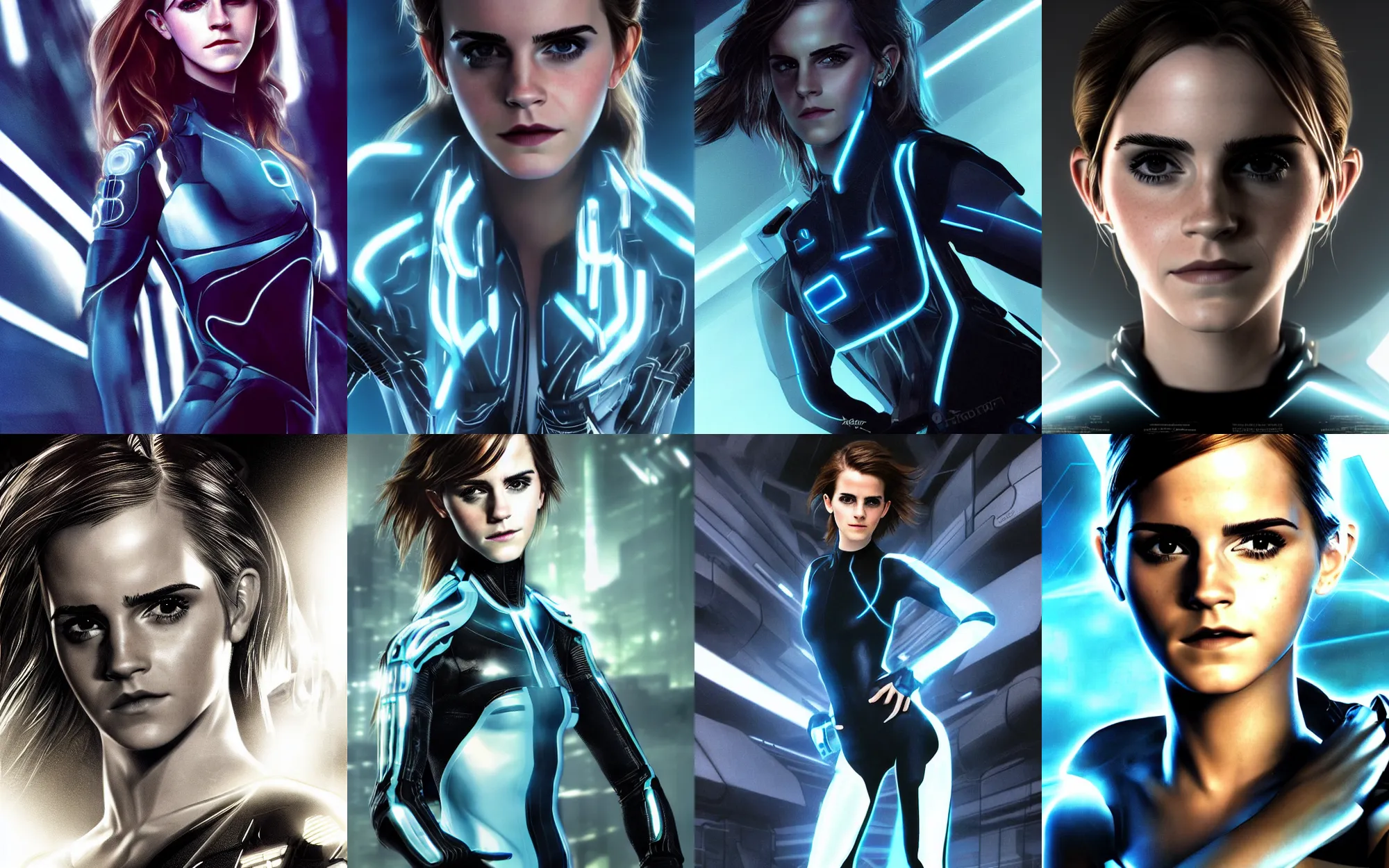 Prompt: closeup shot of emma watson in tron legacy cosplay, epic pose, concept art, by artgerm and luis royo, award winning professional photography, cinematic