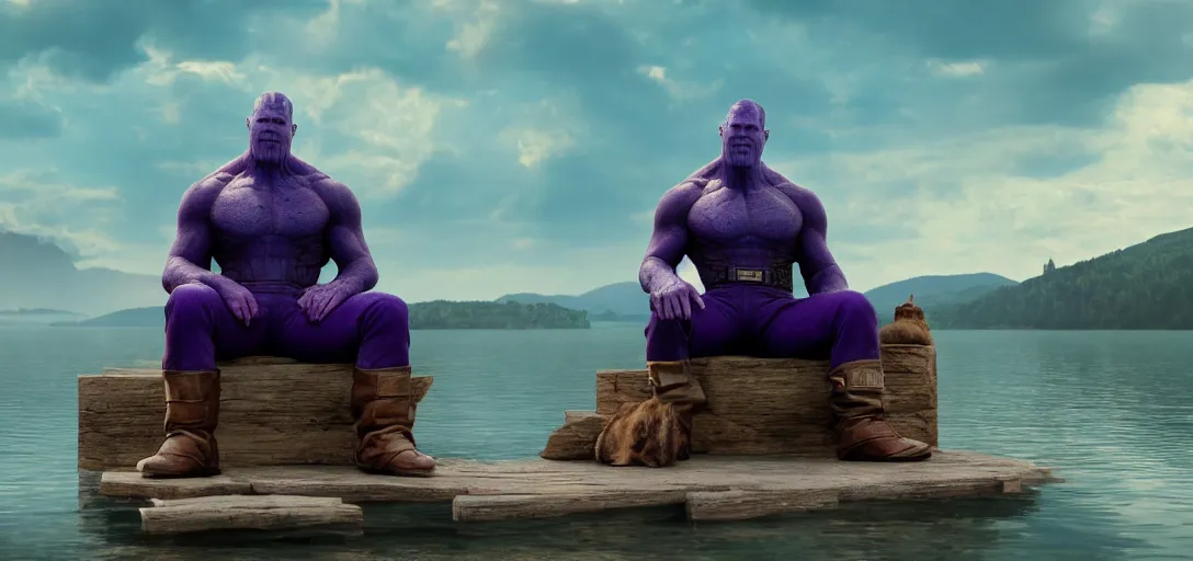 Image similar to a very high resolution image from a new movie. thanos sitting on chair in a lake, photorealistic, photography, directed by wes anderson