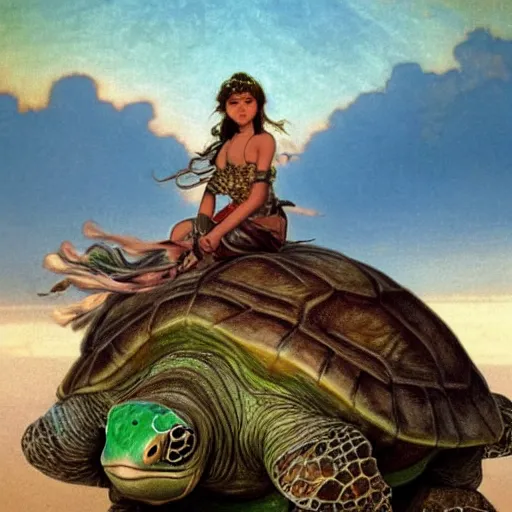 Image similar to a little warrior girl sitting on top of a giant turtle that is walking in the desert, seen from a distance. the girl has dark skin and beautiful green eyes, realistic full body and a very beautiful detailed symmetrical face with long black hair. diffuse light, dramatic sky and landscape, fantasy illustration by mucha