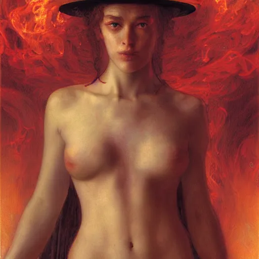 Prompt: a masterpiece full body portrait a beautiful Beatrice in Dante\'s inferno, beautiful face, flawless skin, flames and smoke in background, by Edgar Maxence and Ross Tran and Michael Whelan