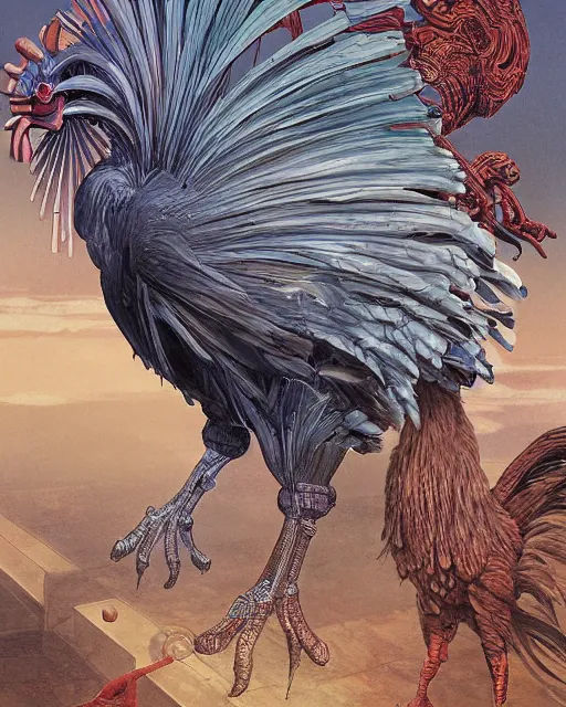 Image similar to digital painting of an ominous mechanical rooster, by wayne barlowe and bob pepper, dieselpunk, highly detailed, intricate, sharp focus, portrait, talons, anatomy, studio ghibli color scheme, tarot card