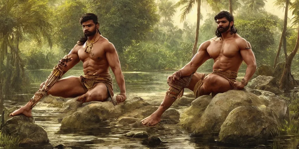 Image similar to Rugged male Sri Lankan warrior relaxing by a pond, relaxed, muscular, upper body, fantasy, intricate, elegant, highly detailed, digital painting, artstation, concept art, smooth, sharp focus, illustration, art by artgerm and greg rutkowski and alphonse mucha