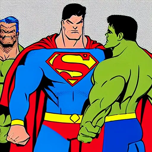 Image similar to supermen and hulk at WWE smacking down Vince McMahon