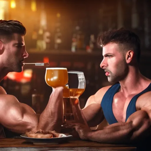 Image similar to cinematic scene with attractive muscular male and another attractive muscular male, drinking their hearts out, in the pub, high definition, very detailed, volumetric lighting, still frame