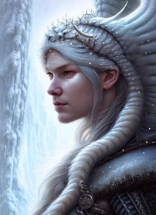 Image similar to closeup portrait shot of a female snow viking in a scenic dystopian environment, intricate, elegant, highly detailed, centered, digital painting, artstation, concept art, smooth, sharp focus, illustration, artgerm, tomasz alen kopera, peter mohrbacher, donato giancola, joseph christian leyendecker, wlop, boris vallejo